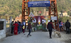 Lakshman Jhula, a suspension bridge across the River Ganges is closed as a precautionary measure in Rishikesh, India, after a portion of Nanda Devi glacier broke off in the northern state of Uttarakhand.