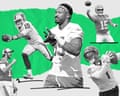 Collage of NFL stars Mendoza, Allen, Garrett, Mahomes, and Chase in action poses