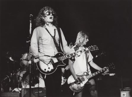 Ian Hunter (left) and guitarist Mick Ronson (right) performing at the Capitol theatre in Passaic, New Jersey, on October 21, 1979.