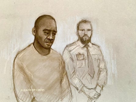 Court sketch of Clifton George (left) appearing at Snaresbrook crown court in June 2025.