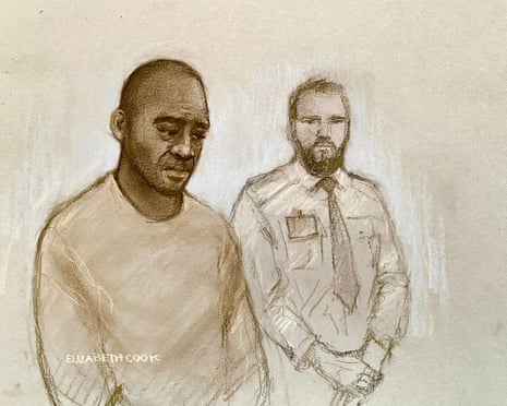 A court sketch shows Clifton George in a light shirt looking downward, with a uniformed officer standing behind him