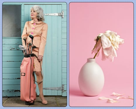 A senior woman with golf clubs; a wilted flower against a pink background