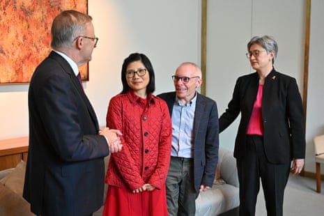 Prof Sean Turnell and his wife Dr Ha Vu meet with Anthony Albanese and Penny Wong at Parliament House in December