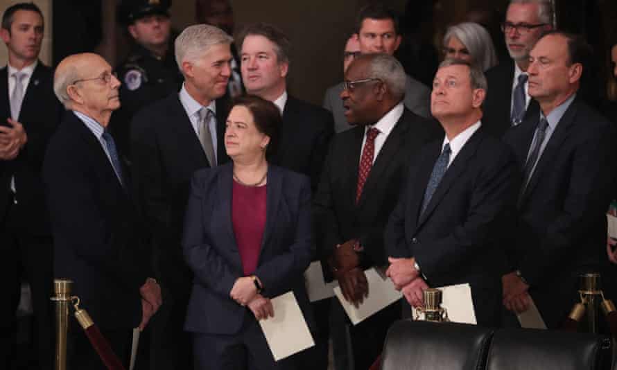 Samuel Alito, extreme right, with, right to left, Chief Justice John Roberts, with whom he has clashed; fellow justices Clarence Thomas; Brett Kavanaugh; Elena Kagan; Neil Gorsuch; and Stephen Breyer, in 2018.