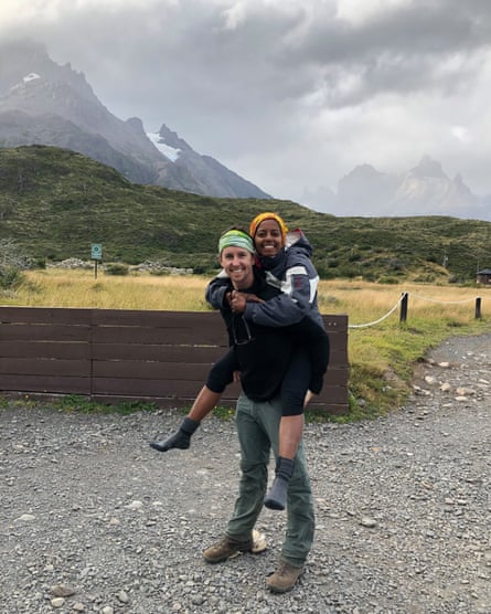 Sashi on Charlie’s back at the end of a hike in Chile