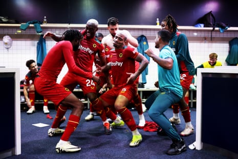 17 February 2024Wolves players celebrate victory in the dressing room following their Premier League match at Tottenham Hotspur Stadium. Wolves won 2-1.