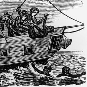 تصویری که به تصویر می کشد برده ها در گذرگاه میانه آتلانتیک به دریا می ریزند