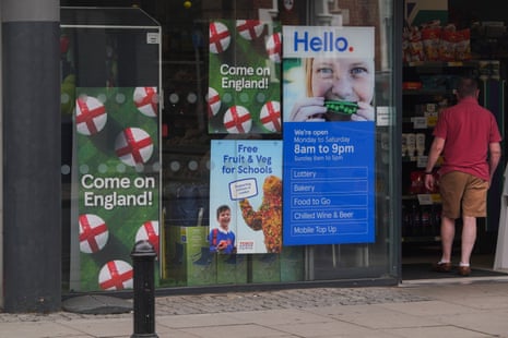 A Tesco supermarket in Wimbledon with support for the England national football at the World Cup.