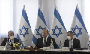 Israeli Prime Minister Naftali Bennett at his weekly cabinet meeting in Kibbutz Mevo Hama, in the Israeli-occupied Golan Heights, today.