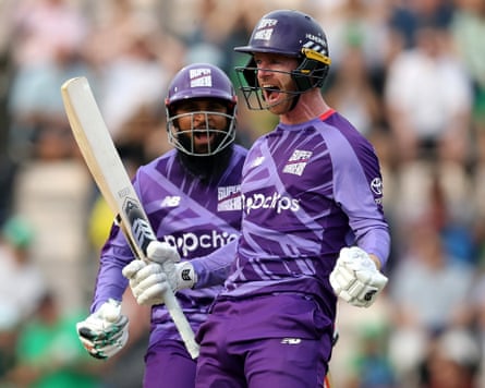 Graham Clark of Northern Superchargers roars with delight after smashing a six off the last ball to beat Southern Brave
