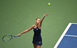 Karolina Pliskova serves to Anhelina Kalinina of Ukraine.