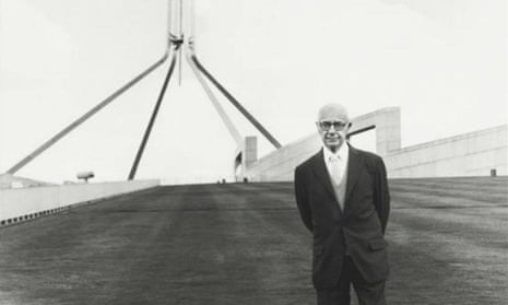 Romaldo Giurgola standing in front of Parliament House in Canberra.