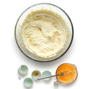 Cream the butter, sugar, the rest of the zest and a pinch of salt; get as much air in the mix as you can. Then add eggs.
