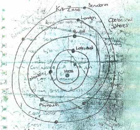 A sketch of concentric circles with ‘woods’ at their centre, various placenames and the words ‘operational spheres’