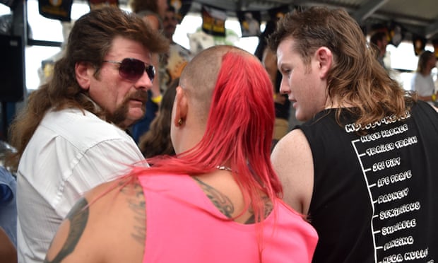 Men wait to be judged on their mullet styles at Mulletfest 2018 in Kurri Kurri, 150 kms north of Sydney.