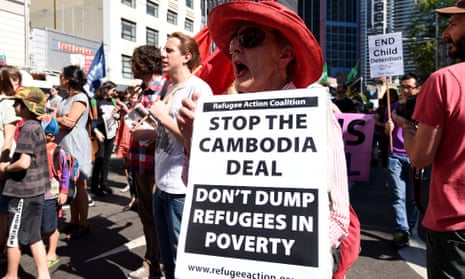 Demonstrators protest about the Cambodia deal in Sydney in 2014.