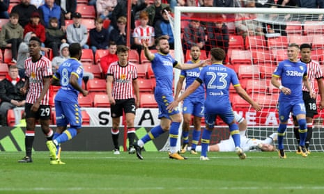 Stuart Dallas celebrates after scoring Leeds’ second goal against Sunderland.