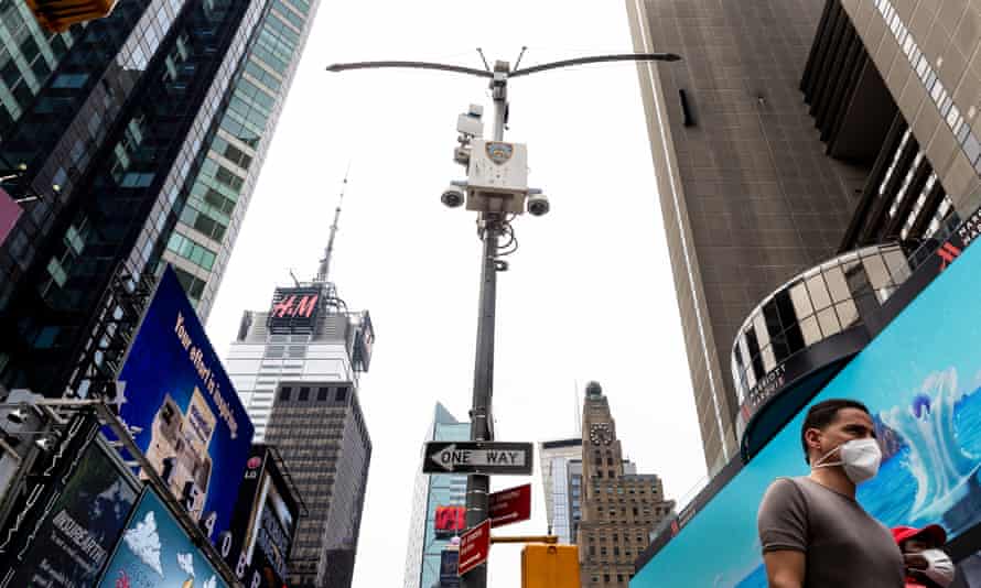 A New York City police department surveillance camera in Times Square, New York.