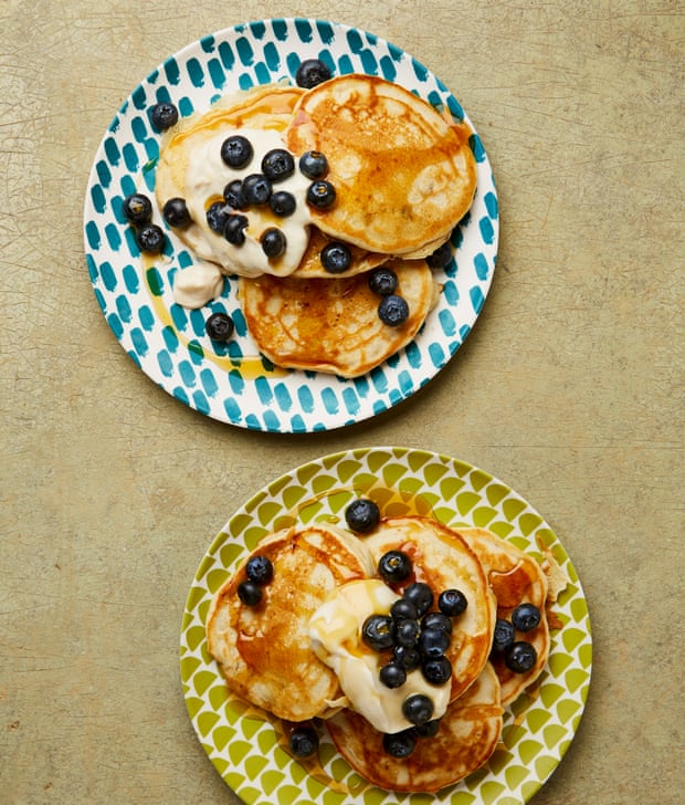 Meera Sodha’s banana pancakes with maple and tahini yoghurt.