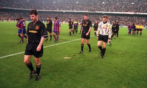 Denis Irwin, Gary Walsh and Gary Pallister trudge off after United’s hiding in the Camp Nou.