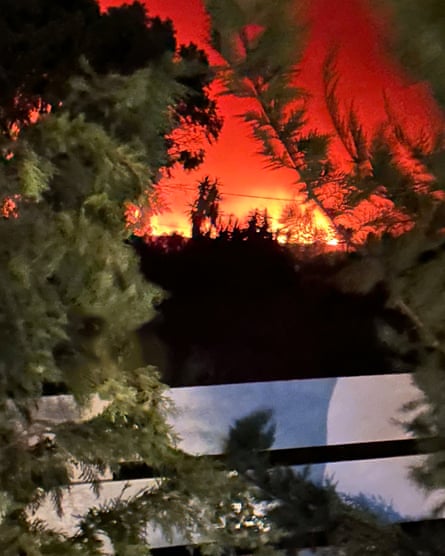 Trees silhouetted against flames and red sky