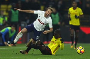 Christian Kabasele of Watford fouls Harry Kane of Tottenham Hotspur during the 1 v 1 all draw Premier League match between Watford and Tottenham Hotspur at Vicarage Road. Watford have never beaten Tottenham in the Premier League (drawn three, lost six).
