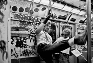 New York, 1985 USA. New York City. Guardian angels in the underground. 1985