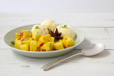 Glazed mango salad from Thomasina Miers with anise-lime syrup, with optional tequila.