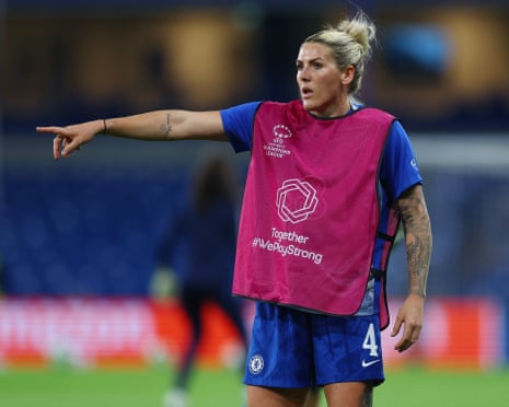 Chelsea’s Millie Bright points during the warm up before the Champions League match against Paris FC.