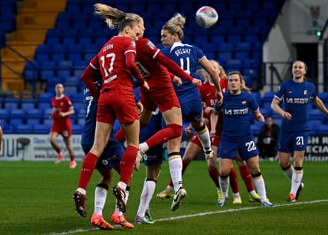 Sophie Roman Haug scores Liverpool’s equaliser during the Barclays Women’s Super League match against Chelsea.