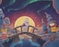 Moomintroll on a bridge under the northern lights in a winter scene