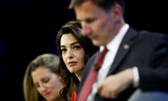 Canadian foreign minister, Chrystia Freeland, left, human rights lawyer Amal Clooney and former UK foreign minister Jeremy Hunt at the media freedom conference in London.