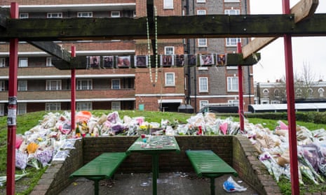 A floral tribute to knife victim Lewis Blackman, on the Peckwater estate in Camden