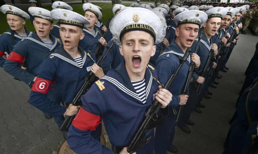 Russian navy sailors cadets attend a rehearsal for the Victory Day military parade in Sevastopol, Crimea.