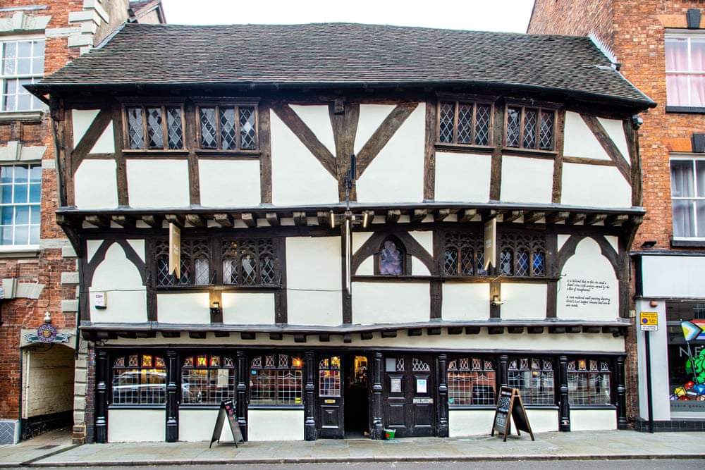 Medieval building with latticed timberwork.