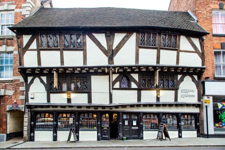 Medieval building with latticed timberwork.