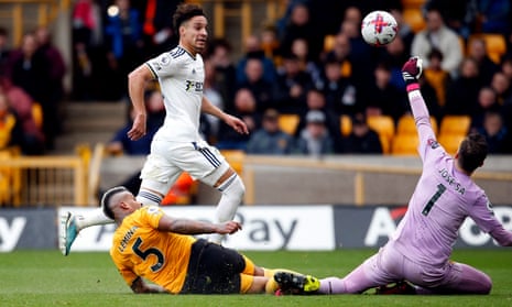 Leeds United's Rodrigo scores their fourth goal past Wolverhampton Wanderers' keeper Jose Sa.