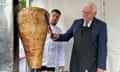 German president Frank-Walter Steinmeier, Berlin restaurateur Arif Keleş and 60kg of meat at the residence of the German ambassador in Istanbul, 22 April 2024.
