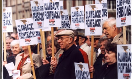 Pensioners protesting outside Barclays’s AGM in the 1990s. The bank capped pension reductions afterwards.