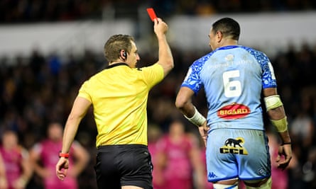Castres’s Feibyan Tukino is shown a red card for a high tackle.
