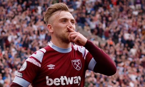 est Ham United's Jarrod Bowen celebrates scoring their second goal