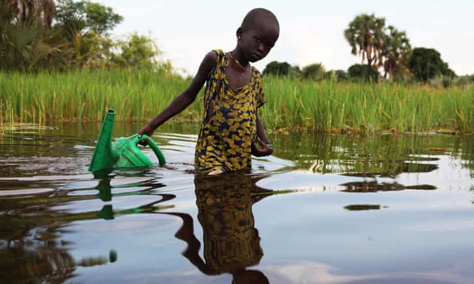 An internally displaced girl collects water in the Sudd swamp in South Sudan.