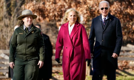 Joe and Jill Biden walk with National Park rangers during their tour of Valley Forge.