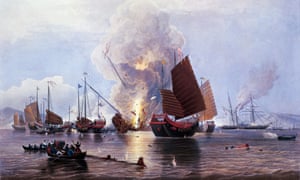 British ships destroying an enemy fleet in Canton, 1841.
