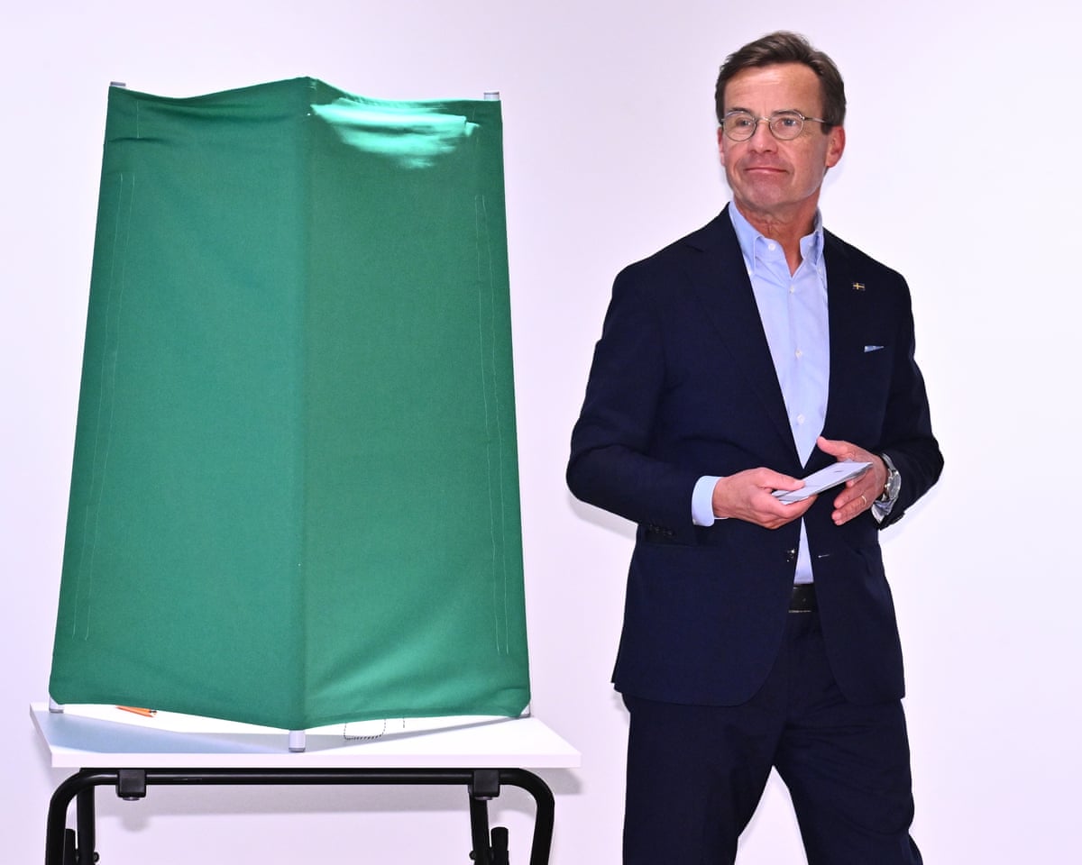 Swedish prime minister Ulf Kristersson, leader of the Moderate party casts his vote at a polling station at Multeum Cultural Center in Strangnas, Sweden.
