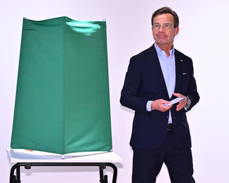 Swedish prime minister Ulf Kristersson, leader of the Moderate party casts his vote at a polling station at Multeum Cultural Center in Strangnas, Sweden.