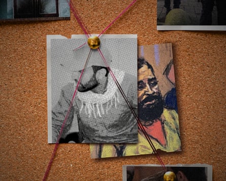 A pinboard with various images of a bearded man stuck up with pins
