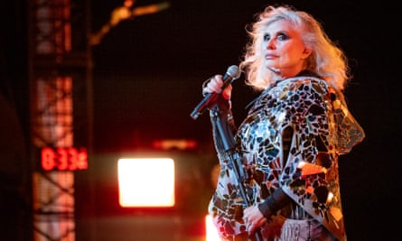 Debbie Harry of Blondie in a sparkly outfit on stage