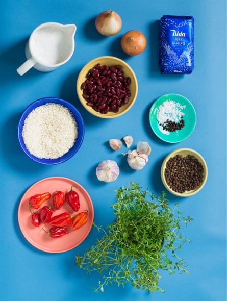 Overhead shot of rice and peas ingredients