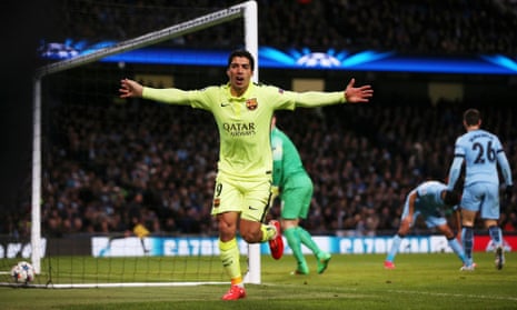 Luis Suárez celebrates after scoring his second goal for Barcelona against Manchester city in their Champions League match.